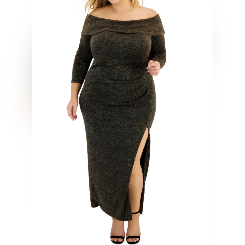 Alex Evenings Plus Size Off-the-Shoulder Side-Slit Glitter Dress - Black/Copper - Picture 1 of 12